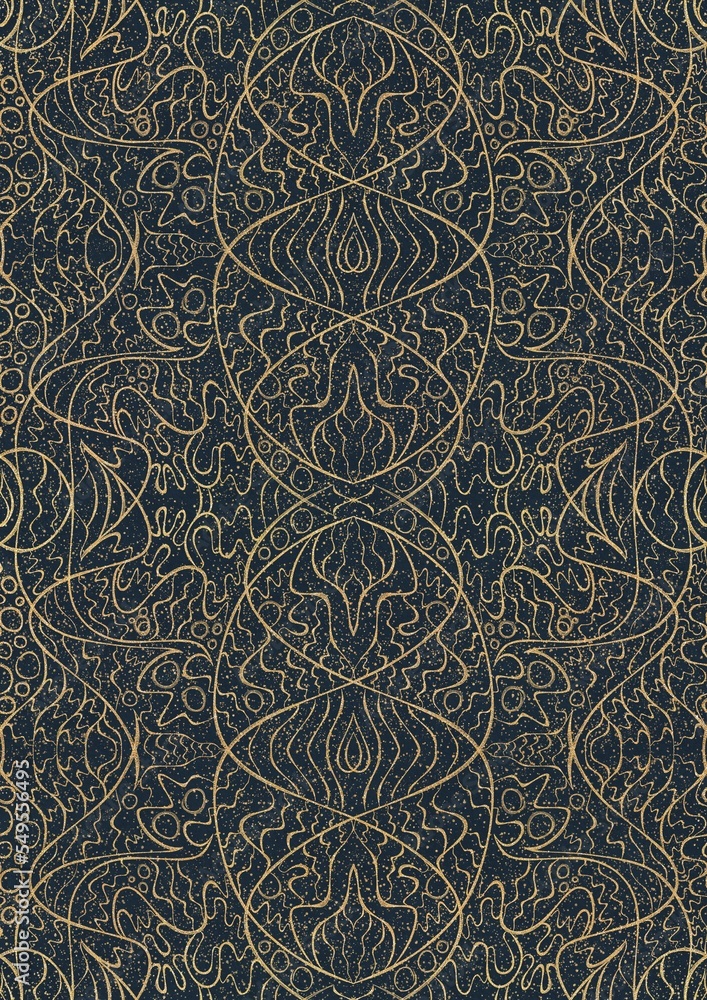 Hand-drawn unique abstract symmetrical seamless gold ornament with golden glittery splatter on a deep blue background. Paper texture. Digital artwork, A4. (pattern: p02-2d)