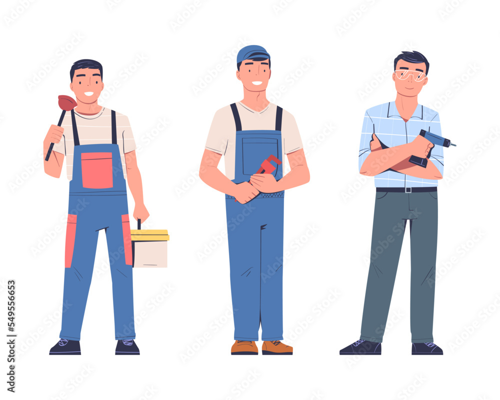 Man Plumber and Electrician in Uniform with Plunger and Toolbox Vector Set Man Plumber and Electrician in Uniform with Plunger and Toolbox Vector Set