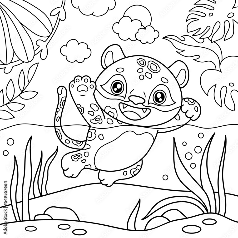 Fototapeta premium Jaguar swims in the water. Coloring book for children. Black and white vector image.