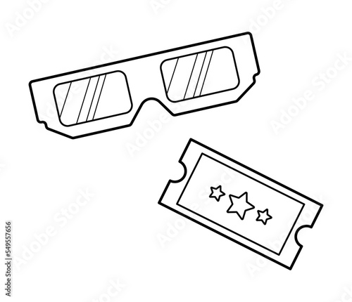 Cinema attributes. Glasses and ticket. Coloring. Black and white vector illustration.