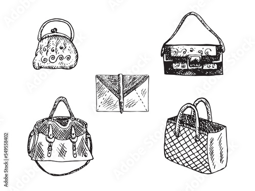 Purse, Satchel, Clutch (envelope), Clutch and Tote bag  isolated hand drawn black and white outline doodle, sketch, bags set collection illustration