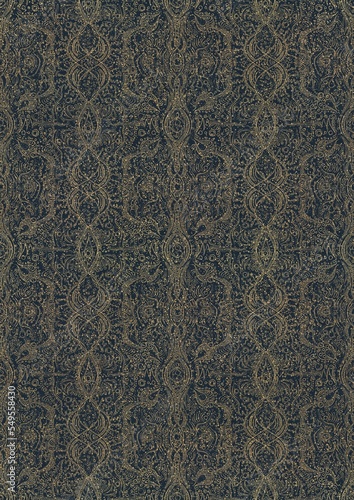 Hand-drawn unique abstract symmetrical seamless gold ornament with golden glittery splatter on a deep blue background. Paper texture. Digital artwork, A4. (pattern: p09e)