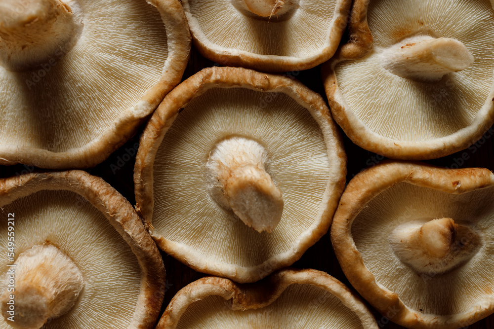 Fresh shiitake mushrooms, top view, close-up Fresh shiitake mushrooms, top view, close-up