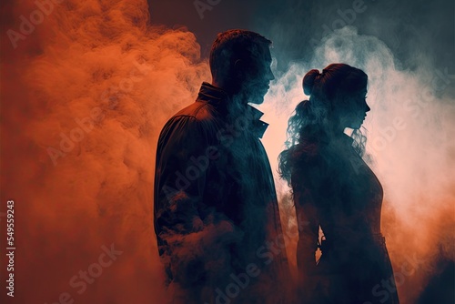 Silhouette of couple in the smoke with dramatic lighting