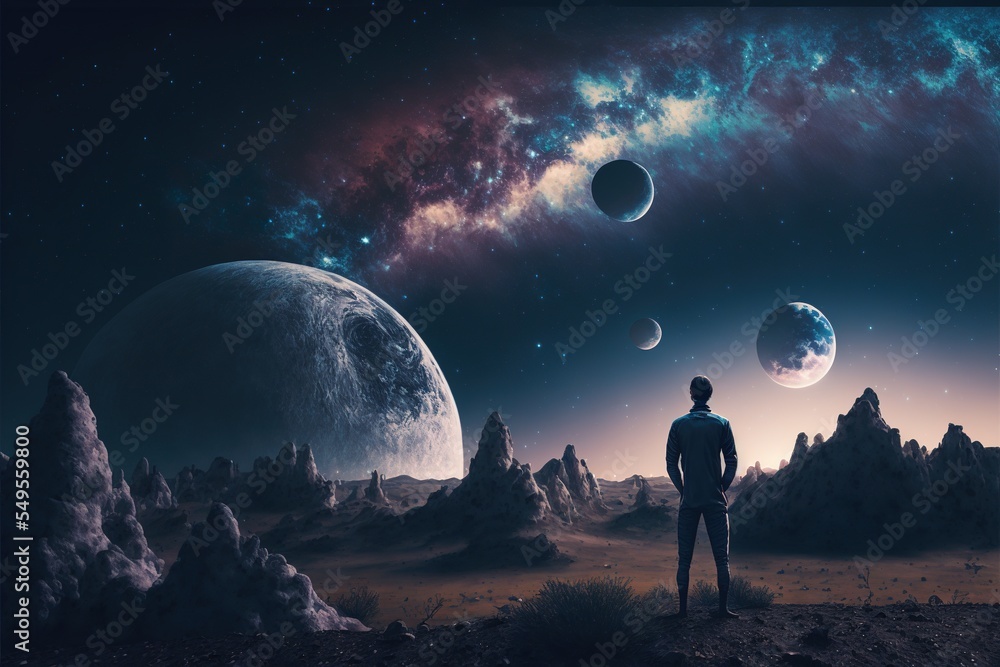 Back view of man looking out on surreal science fiction landscape