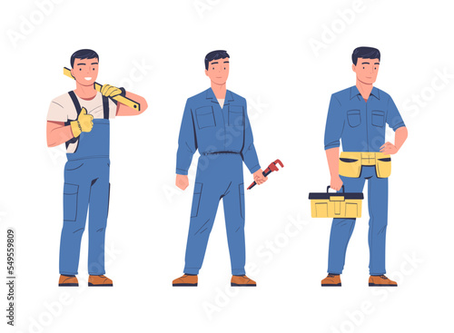 Man Electrician in Uniform with Wrench and Toolbox Vector Set © topvectors