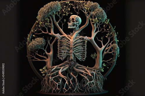 Trees growing from human skeleton, Nature and enironmental concept. photo