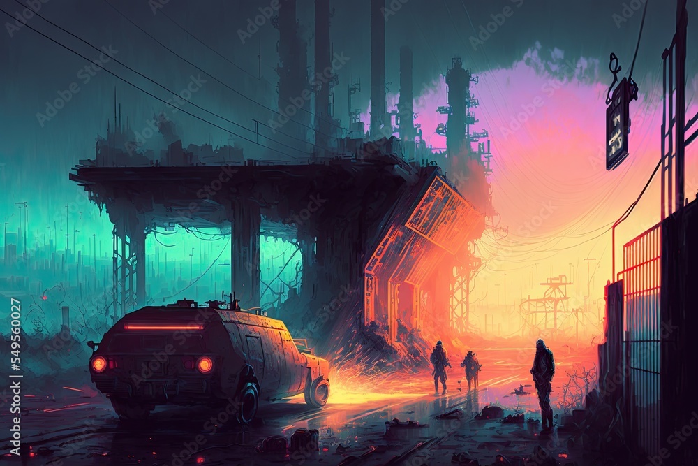 Industrial cinematic cyberpunk scene background. Industrial cinematic cyberpunk scene background.