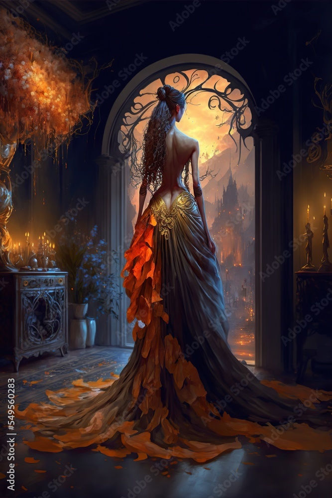 Beautiful tall and slim woman in fabulous dress. Ancient fantasy scene.