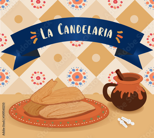 Vector, mesa de celebración del día de la candelaria con elementos alusivos como tamales, atole con canela y muñecos de la rosca de reyes. México. photo