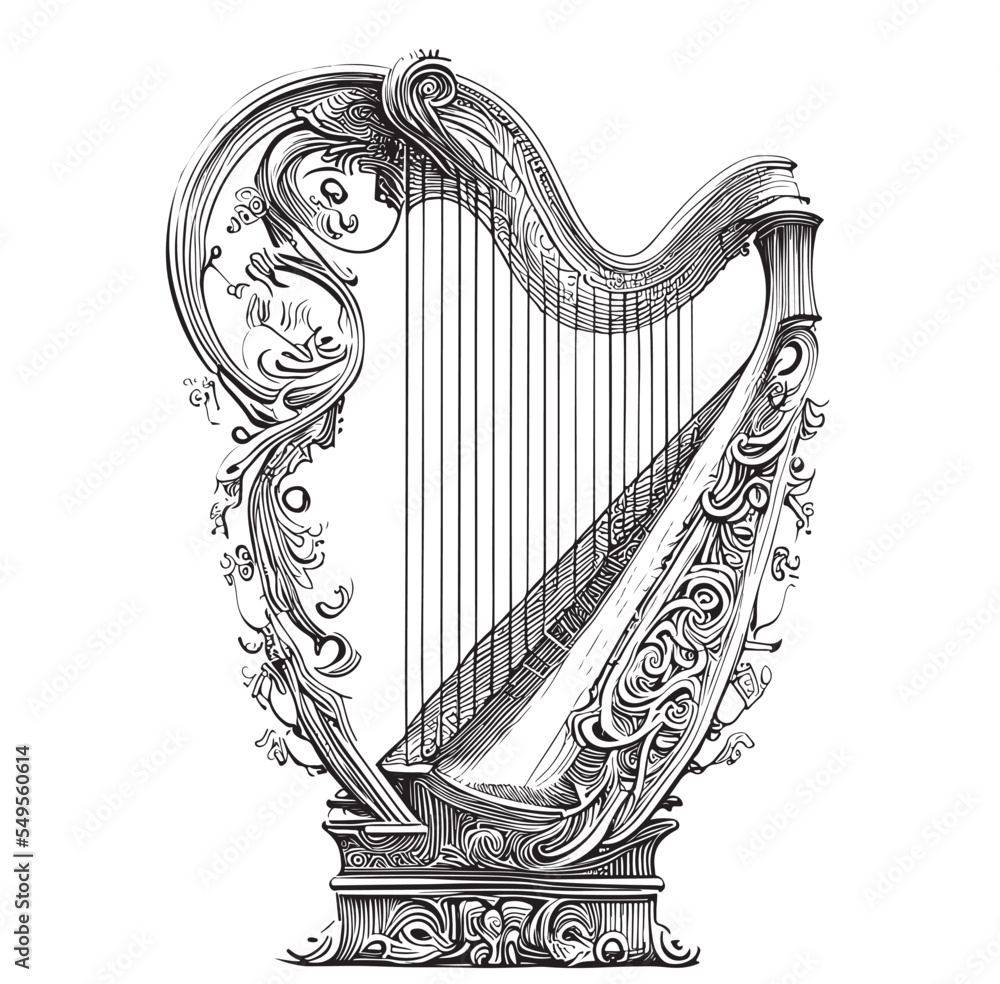 Vintage harp sketch hand drawn engraved style Vector illustration