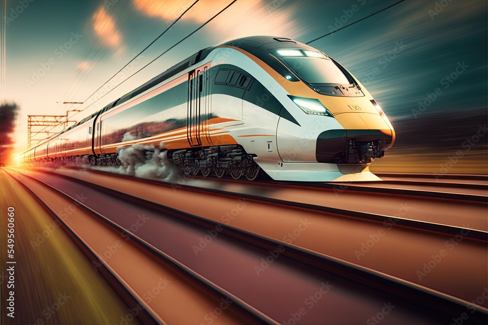 High speed train long exposure motion blur. Generative AI. High speed train long exposure motion blur. Generative AI.