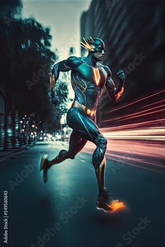 Generic superhero running through big city streets. Long exposure motion blur.
