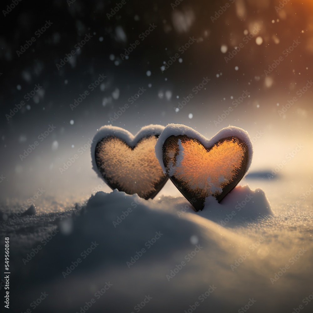 Fototapeta premium Hearts in the winter snow landscape. Valentine's day concept.