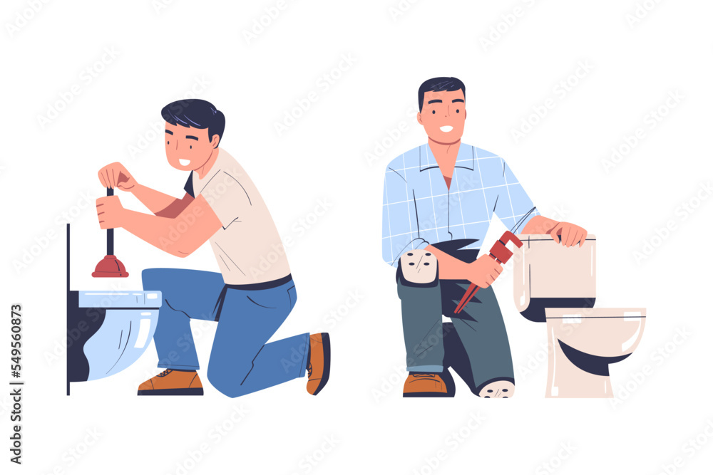 Man Plumber with Plunger and Wrench Near Toilet Bowl Vector Set Man Plumber with Plunger and Wrench Near Toilet Bowl Vector Set