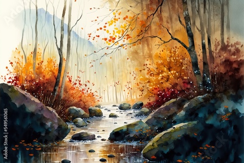 Aquarelle painting of river lines with stones in autumn forest.