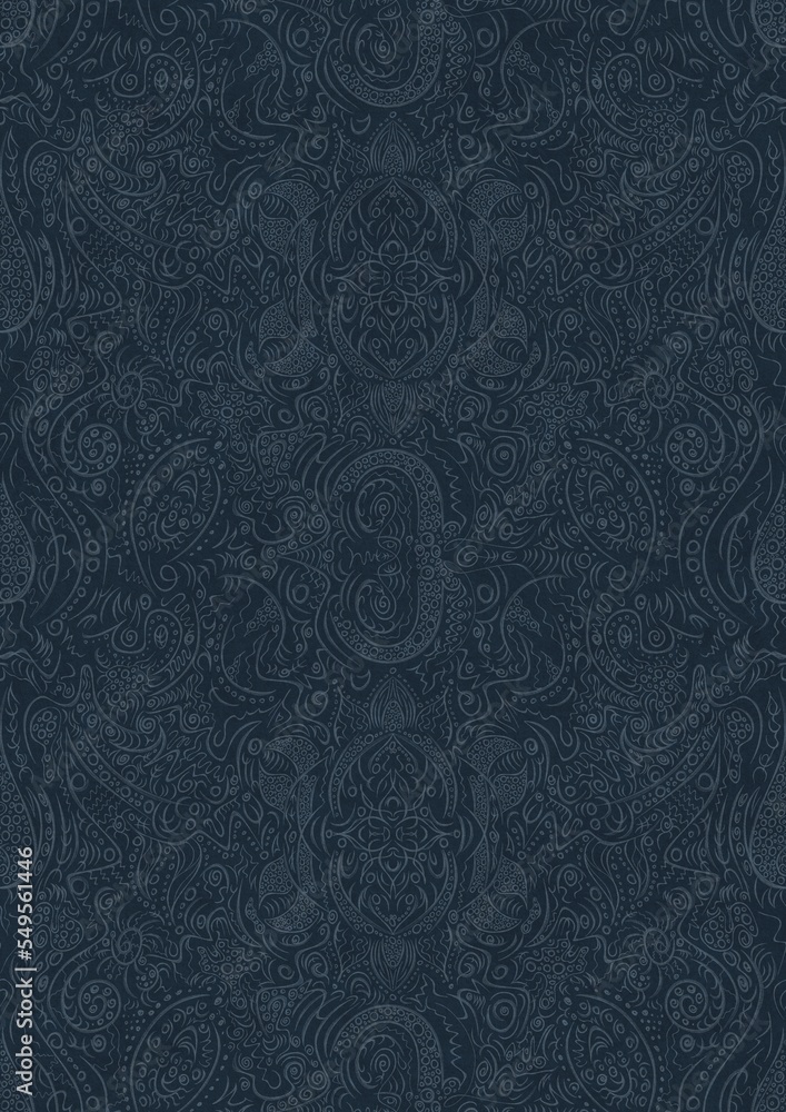 Hand-drawn unique abstract symmetrical seamless ornament. Light blue on a deep blue background. Paper texture. Digital artwork, A4. (pattern: p01d) Hand-drawn unique abstract symmetrical seamless ornament. Light blue on a deep blue background. Paper texture. Digital artwork, A4. (pattern: p01d)