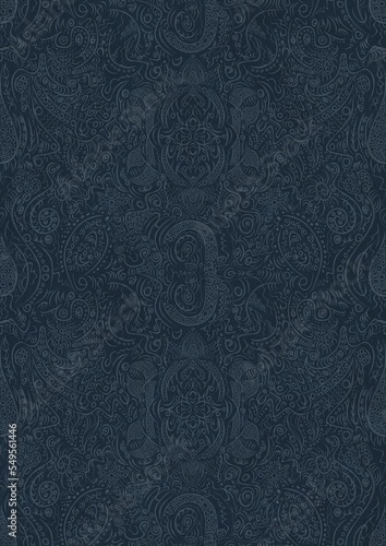 Hand-drawn unique abstract symmetrical seamless ornament. Light blue on a deep blue background. Paper texture. Digital artwork, A4. (pattern: p01d)