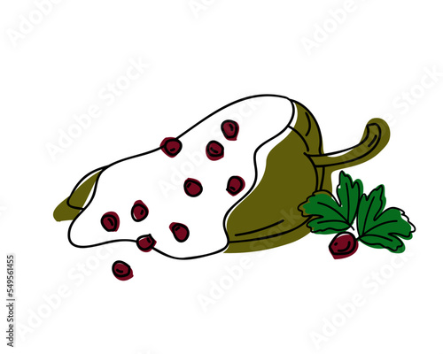 Chile en nogada - Mexican food Chile Relleno or Poblano chili. Flat and doodle vector illustration
