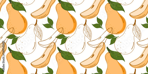 Pears whole and sliced ​​seamless pattern. Hand drawing. Beautiful vector seamless pattern with fruits. Doodle. Suitable for wallpaper, web page background, surface textures, textile.