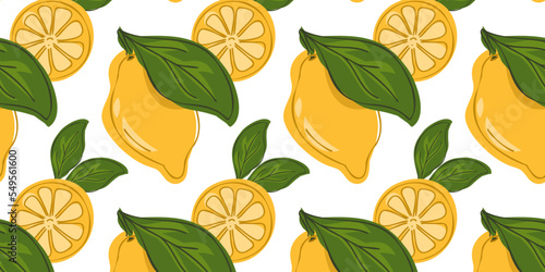 Lemons whole and sliced ​​seamless pattern. Hand drawing. Beautiful vector seamless pattern with citrus fruits. Doodle. Suitable for wallpaper, web page background, surface textures, textile.