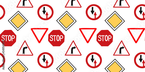 Seamless pattern with road signs. Flat vector illustration