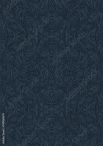 Hand-drawn unique abstract symmetrical seamless ornament. Light blue on a deep blue background. Paper texture. Digital artwork, A4. (pattern: p03d)