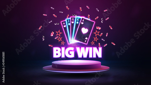 Big win, neon cards and falling chips on purple podium