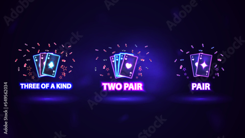 Neon poker hand rankings combination symbols made with pink and blue shine neon casino playing cards