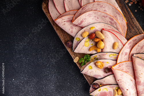 sausage mortadella different types meat plate or meat board fresh delicious snack healthy meal food snack on the table copy space food background rustic top view