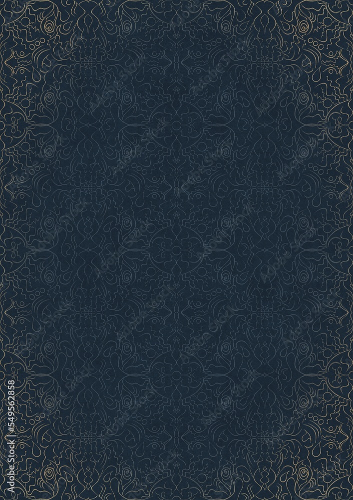 Fototapeta premium Hand-drawn unique abstract ornament. Light blue on a deep blue background, with vignette of same pattern in golden glitter. Paper texture. Digital artwork, A4. (pattern: p07-1e)
