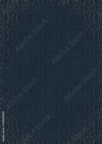 Hand-drawn unique abstract ornament. Light blue on a deep blue background, with vignette of same pattern in golden glitter. Paper texture. Digital artwork, A4. (pattern: p08-1f)