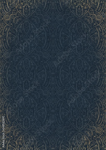 Hand-drawn unique abstract ornament. Light blue on a deep blue background, with vignette of same pattern in golden glitter. Paper texture. Digital artwork, A4. (pattern: p08-2e)