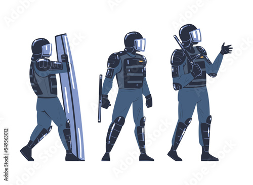 Riot Police Officer and Squad Member in Uniform and Helmet with Baton Fighting Vector Set