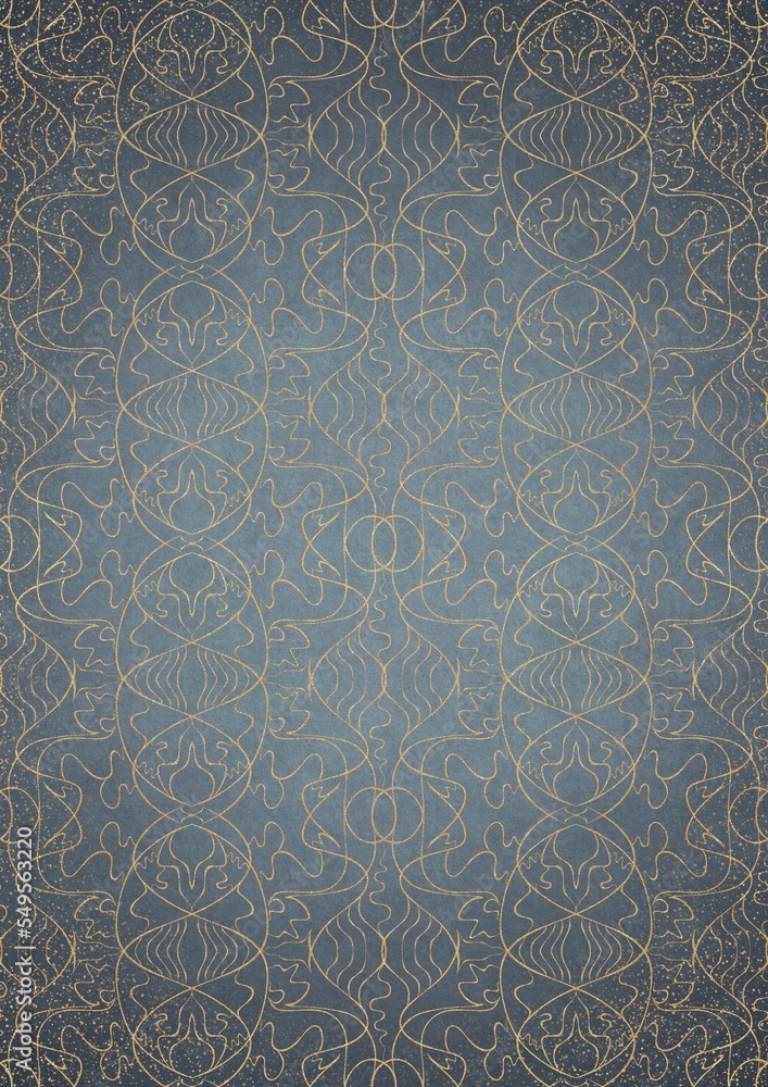 Hand-drawn unique abstract gold ornament on a light blue background, with vignette of darker background color and golden glittery sparks. Paper texture. Digital artwork, A4. (pattern: p02-1e)