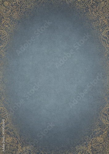 Light blue textured paper with vignette of golden hand-drawn pattern and golden glittery splatter on a darker background color. Copy space. Digital artwork, A4. (pattern: p04d)