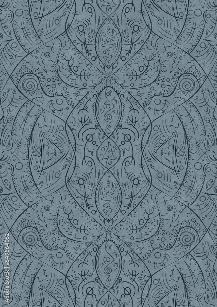 Hand-drawn unique abstract symmetrical seamless ornament. Dark blue on a light blue background. Paper texture. Digital artwork, A4. (pattern: p08-2d)
