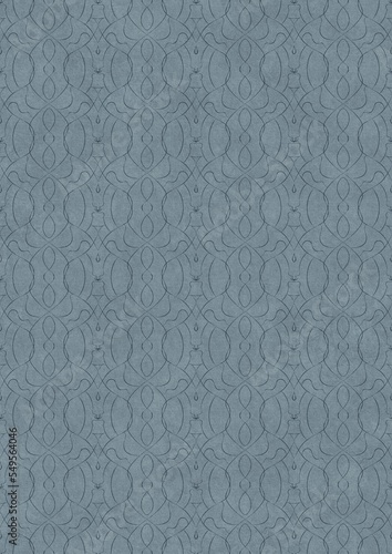 Hand-drawn unique abstract symmetrical seamless ornament. Dark blue on a light blue background. Paper texture. Digital artwork, A4. (pattern: p08-1f)