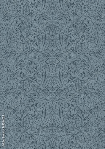 Hand-drawn unique abstract symmetrical seamless ornament. Dark blue on a light blue background. Paper texture. Digital artwork, A4. (pattern: p08-2e)
