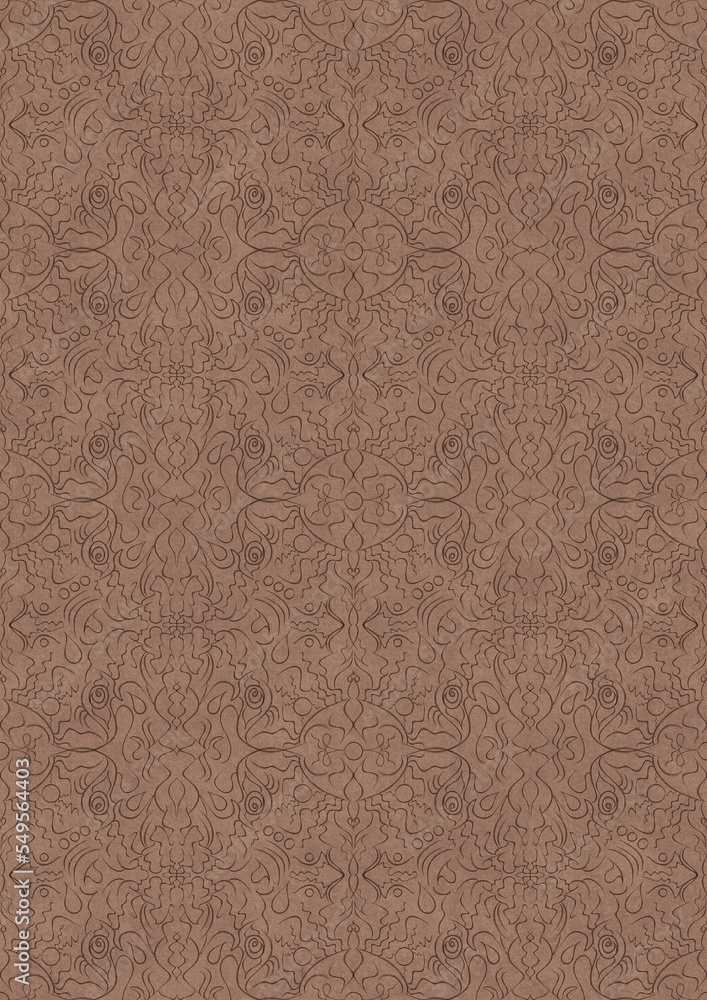 Fototapeta premium Hand-drawn unique abstract symmetrical seamless ornament. Brown on a light brown background. Paper texture. Digital artwork, A4. (pattern: p07-1e)