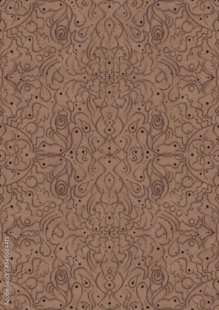 Hand-drawn unique abstract symmetrical seamless ornament. Brown on a light brown background. Paper texture. Digital artwork, A4. (pattern: p07-2d) Hand-drawn unique abstract symmetrical seamless ornament. Brown on a light brown background. Paper texture. Digital artwork, A4. (pattern: p07-2d)