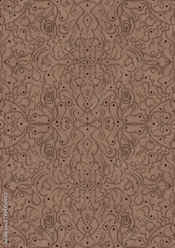 Hand-drawn unique abstract symmetrical seamless ornament. Brown on a light brown background. Paper texture. Digital artwork, A4. (pattern: p07-2d)
