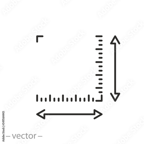 surface size measurement icon, square dimension, area coordinate, thin line symbol on white background - editable stroke vector illustration