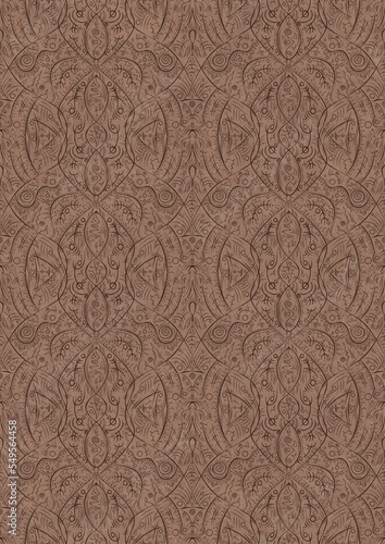 Hand-drawn unique abstract symmetrical seamless ornament. Brown on a light brown background. Paper texture. Digital artwork, A4. (pattern: p08-2e)