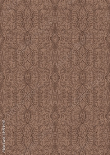 Hand-drawn unique abstract symmetrical seamless ornament. Brown on a light brown background. Paper texture. Digital artwork, A4. (pattern: p09e)