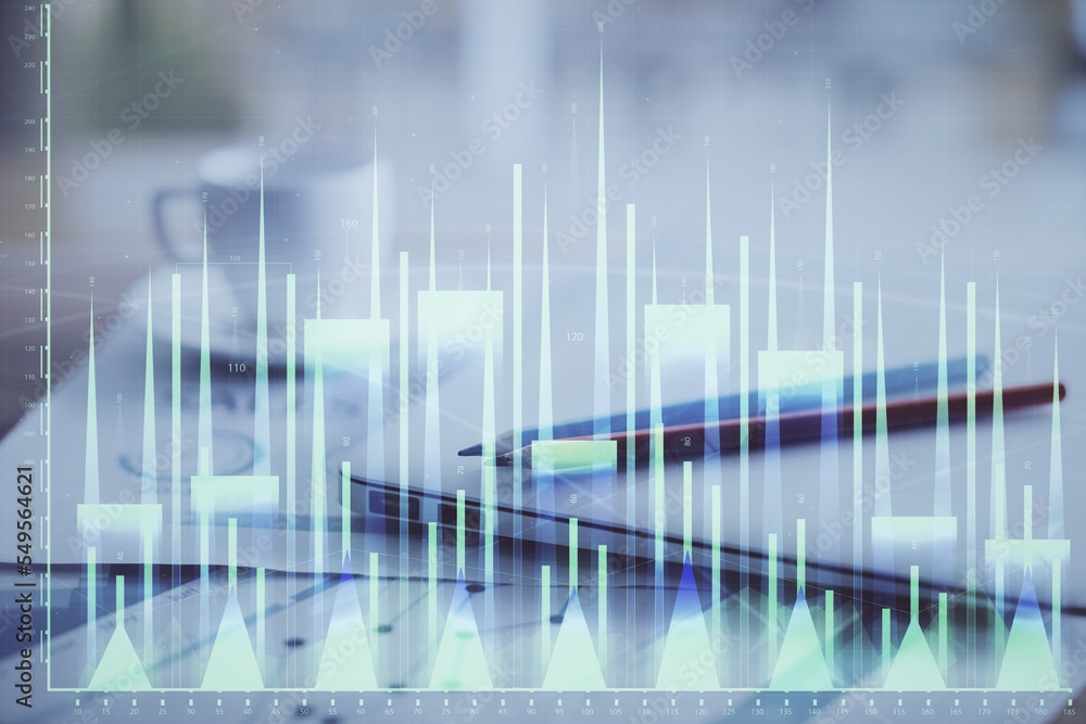 Forex graph hologram on table with computer background. Double exposure. Concept of financial markets.