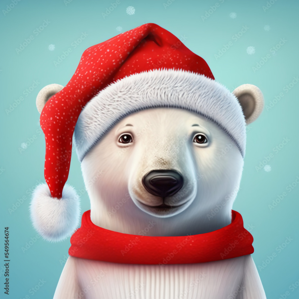 Illustration of polar bear wearing Santa Claus clothes. Design for children. Generative AI