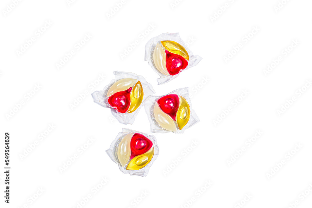 Capsules with detergent for washing machine isolated on white background. Laundry pods Capsules with detergent for washing machine isolated on white background. Laundry pods