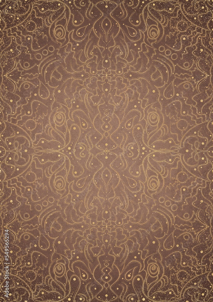 Hand-drawn unique abstract gold ornament on a light brown background, with vignette of darker background color and splatters of golden glitter. Paper texture. Digital artwork, A4. (pattern: p07-2d)