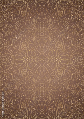 Hand-drawn unique abstract gold ornament on a light brown background, with vignette of darker background color and splatters of golden glitter. Paper texture. Digital artwork, A4. (pattern: p07-2d)